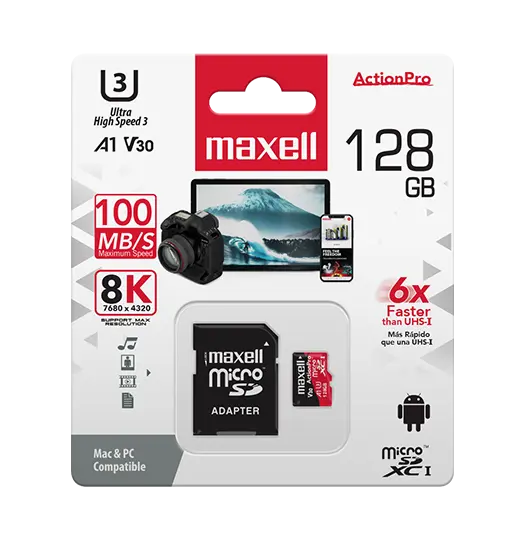 Memoria Micro SD Maxell C/Adaptador 128GB U3 A1 V30 348156
