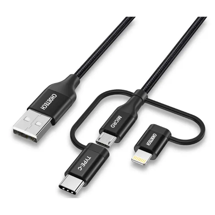 Cable de USB a Micro USB Choetech 3 en 1 con Adaptador de USB-C y Lightning 1.2mts IP0030