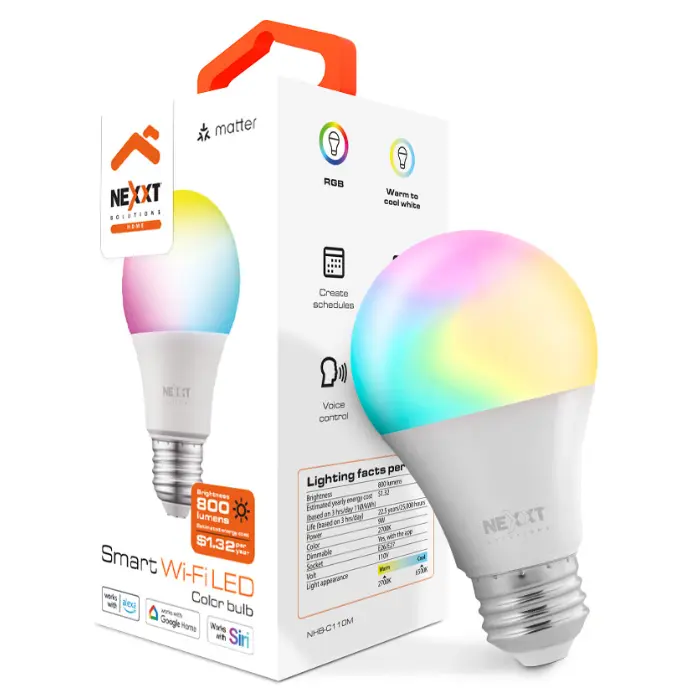 Bombillo Inteligente Nexxt Solutions Wi-Fi 110V Matter Multicolor 1PK NHB-C110M 
