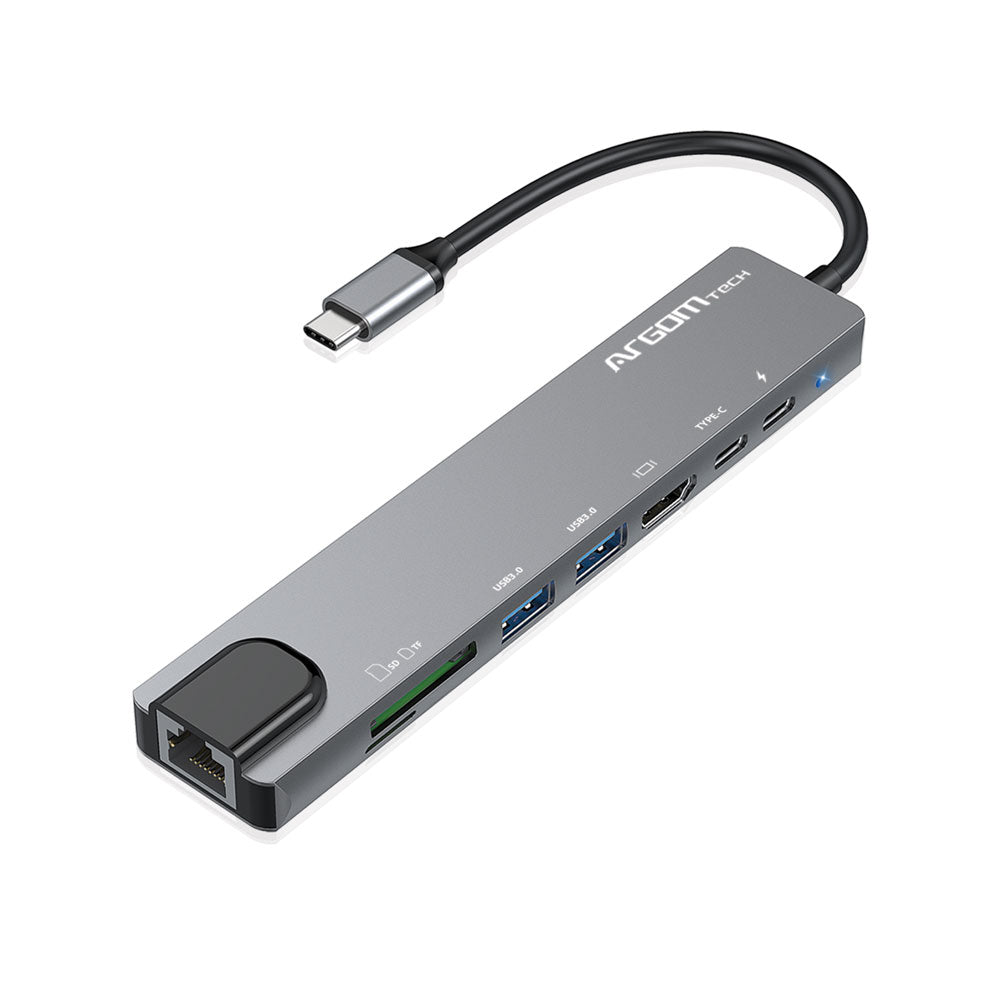 ARGOM HUB 8 IN 1 TYPE C SD/TF/HDMI/2XUSB3.0/RJ457PD/ TYPE C PD ARG-UB-0093
