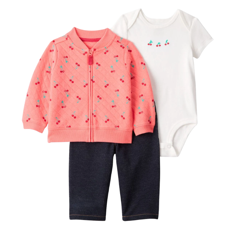 Conjunto 3 piezas cherry acolchado rosado con pantalón azul