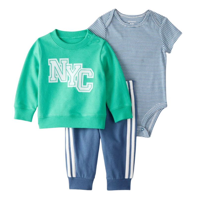 Conjunto 3 piezas suéter verde, body rayado y pantalón
