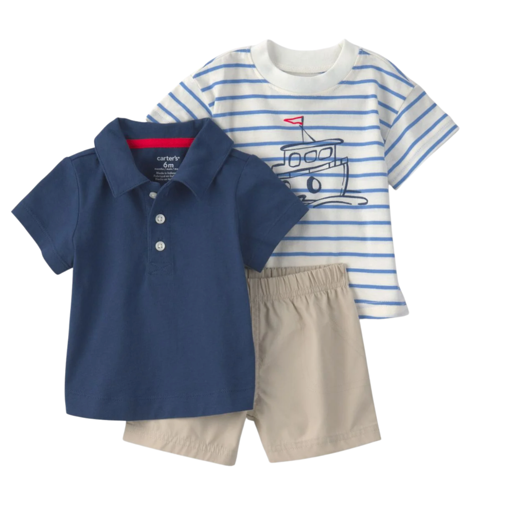 Conjunto 3 piezas náutico con polo, camiseta y short azul