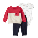 Conjunto 3 piezas rojo con suéter, body de avioncitos y jogger
