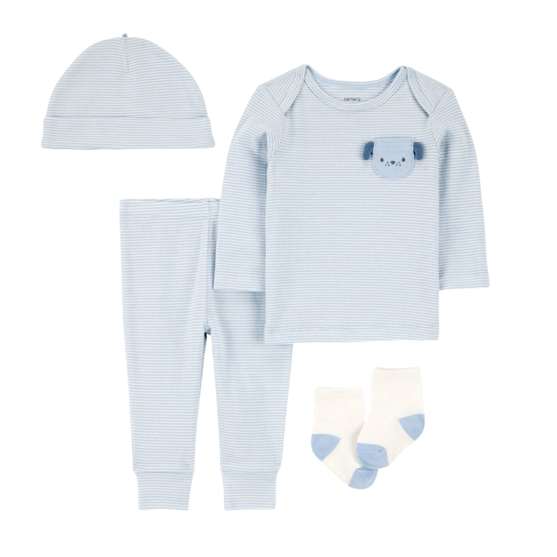 Conjunto 4 piezas azul con camiseta manga larga, pantalón, gorrito y medias