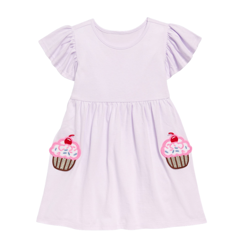 Vestido lila con detalles bolsillos de cupcake para niña 💜