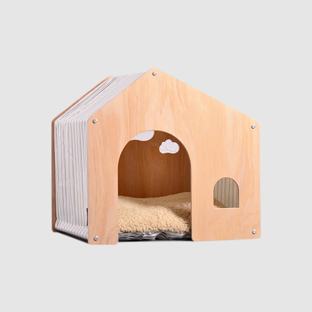 Casa de Madera La Gotera con Cama para Mascotas rayitas café CAS202-3