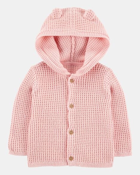 Cardigan tejido con capucha rosado para bebé 💗🧶