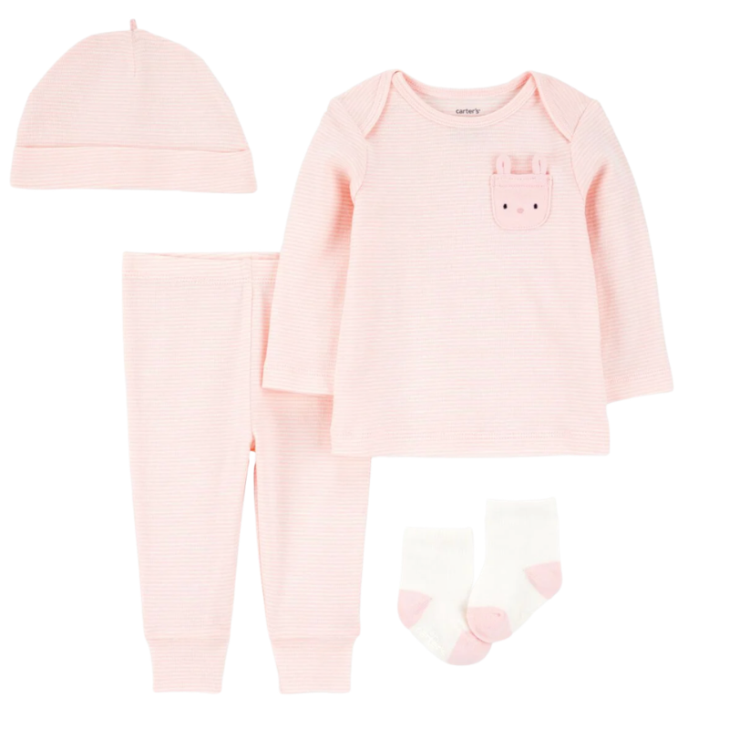 Conjunto de 4 piezas para bebita con blusa, pantalón, gorrito y medias de algodón