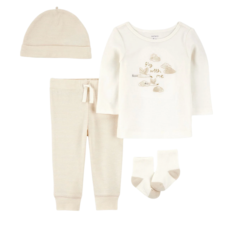 Conjunto de 4 piezas para bebito con blusa, pantalón, gorrito y medias de algodón