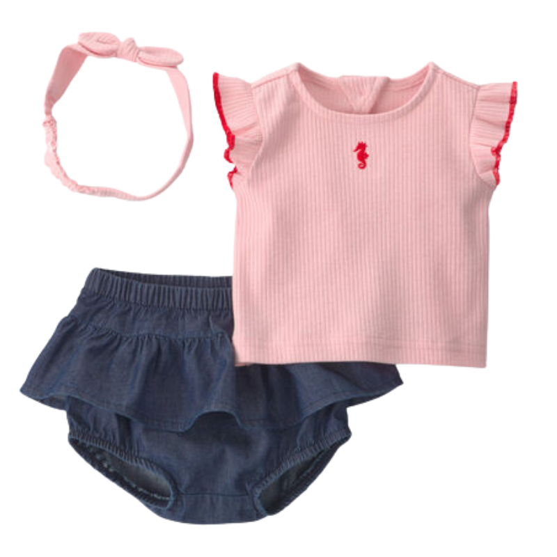 Conjunto de 3 piezas con blusa, short y diadema para bebita