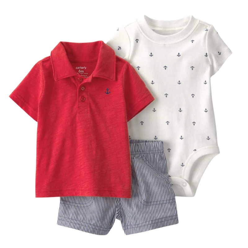 Set de 3 piezas con polo rojo y short para bebito
