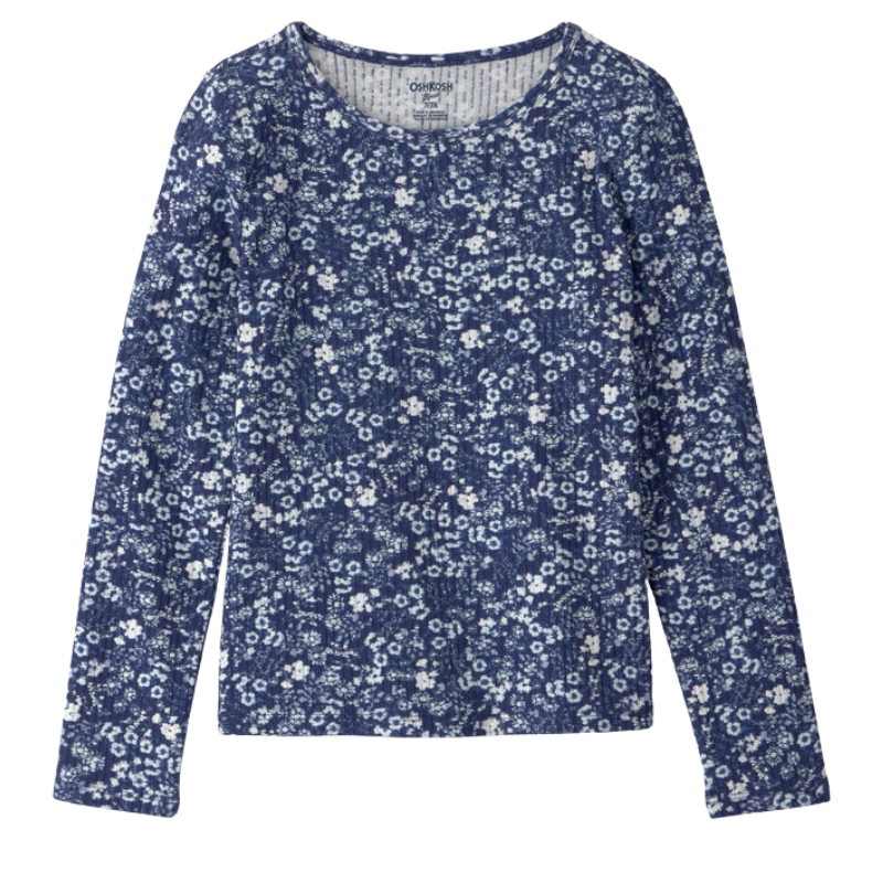 Blusa floral acanalada de manga larga para niña