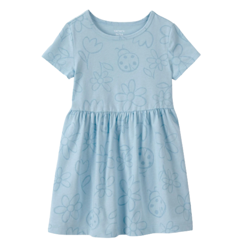 Vestido de manga corta con estampado floral y mariquitas para niña
